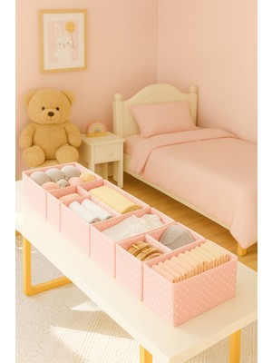 Serstil 8’li Pembe Benekli Kumaş Çekmece Içi Düzenleyici Kutu Seti