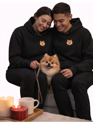 Muhtar Store Sevgililer Günü Özel Pomeranian Figürlü Unisex Siyah Hoodie – Patili Aşk Temalı Kapüşonlu Sweatshirt