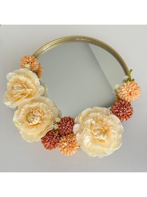 KuNu Box Yapay Çiçek Detaylı Gold Çerçeveli Yuvarlak Dekoratif Ayna