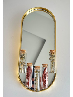 KuNu Box LED Aydınlatmalı Gold Çerçeveli Duvar Aynası – Kuru Çiçek Detaylı