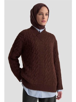 Armine Saç Örgü Desenli Kazak 25KD6002 Kızıl Kahve