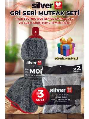 Silver Home Mikrofiber Süper Emici Jumbo Boy Mop Ucu 55X105 cm + 2’li Temizlik Bezi Seti