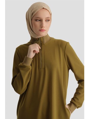 Armine Fermuar Detaylı Basic Tunik Yağ Yeşili