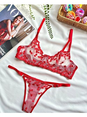 Freya Sevgililer Gününe Özel Kırmızı Kalp Desenli Tanga Model Iç Çamaşırı Takımı