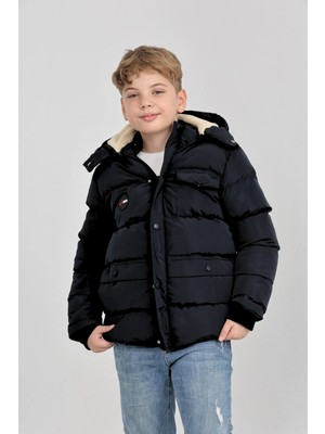 The Jojo Design Erkek Çocuk Kışlık Yoğun Elyaf Dolum Iç Kısmı Polar Astarlı Kapüşonlu Erkek Mont Kaban
