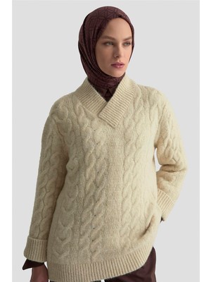 Armine Saç Örgü Desenli Kazak 25KD6002 Bej