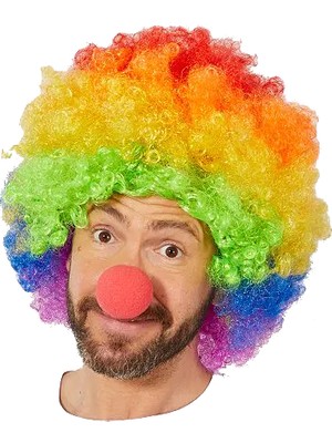 Ett Gökkuşağı Afro Peruk ve Kırmızı Sünger Burun