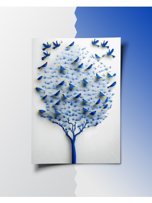 Rosa Art Soyut Poster -Mavi Kuşlar ve Ağaç Temalı Dijital Baskı-Çerçevesiz Poster