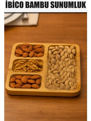 PremiumPort Kare 4 Bölmeli Ahşap Bambu Servis Sunumluk, Şık ve Fonksiyonel Tasarım