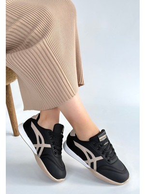 Roof Atelier Kadın Siyah Bej Detaylı Bağcıklı Spor Ayakkabı - Zlay