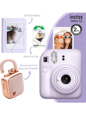 Fujifilm Instax Mini 12 Lila Fotoğraf Makinesi 28'li Albüm 10'lu Film ve Divoom Lovelock Bluetooth Hoparlör Seti
