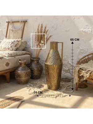 İki Yedi Konsept Cleanthes Bronz Tonlu Kulplu Antik Ibrik Figürü Dekoratif Vazo 65 cm Karşılama Giriş Dekoru Ev Ofis