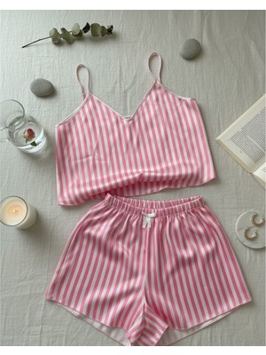 Babyilay Pembe Beyaz Çizgili Saten Pijama Takımı-Alt Üst Takım Gecelik-Çeyiz Pijama Takımı