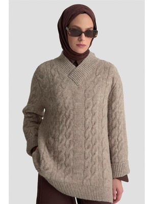 Armine Saç Örgü Desenli Kazak 25KD6002 Ekru