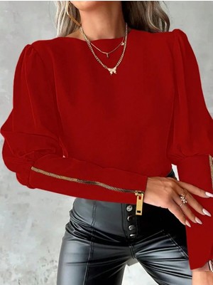 Yeşil Sarmaşık Kadın Uzun Kollu Bisiklet Yaka Fermuar Detaylı Ithal Krep Bluz