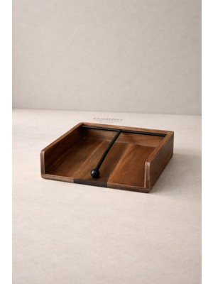 PremiumPort Şık Metal Detaylı Ahşap Peçetelik, Modern Masa ve Tezgâh Dekoru