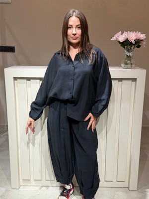 A.T. Kids-Women Kadın Salaş Kesim Düğmeli Gömlek ve Lastik Bel Pantolon Takım