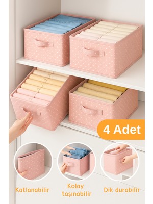 Serstil 4 Adet - Kıyafet Saklama Kutusu | Katlanabilir Dolap Içi Düzenleyici 45X25X20CM - Pembe Benekli