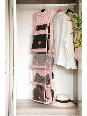 Serstil 10 Bölmeli Dolap Içi Çanta ve Ayakkabı Organizer - Pembe Balıksırtı