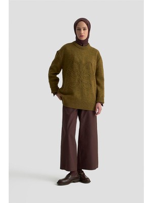 Armine Işleme Detaylı Kazak 25KD6003 Koyu Haki