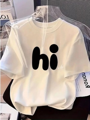 Pileli Store Pilelistore- Baskılı Oversize Bisiklet Yaka T-Shirt - Beyaz