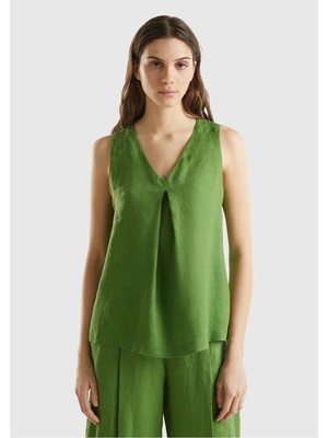 United Colors Of Benetton Soluk Yeşil Kadın / Kız KDN_%100 Keten V Yaka Kolsuz Geniş Kesim Bluz Model Kodu: ( 5BMLDQ06W2G3)