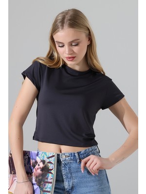Endies Soft Touch Bisiklet Yaka Kısa Kollu Crop Kesim Basic Düz Kadın T-Shirt 21974 Füme