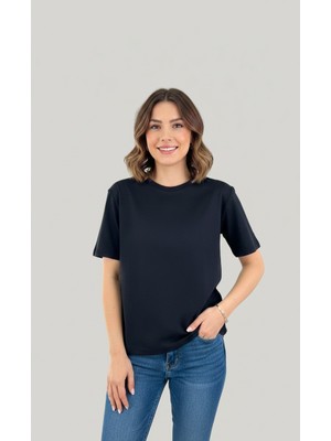 Sibel Günay Butik Kadın Bisiklet Yaka %100 Pamuklu Siyah Basic Günlük Tişört