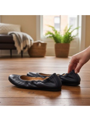 Ne&Ve Shoes Hakiki Deri Ağzı Büzgü Lastikli Kadın Rahat Babet