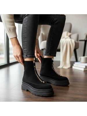 Ne&Ve Shoes Siyah Süet Hakiki Deri Gold Aklsesuarlı Önden Metal Fermuarlı Kadın Kalın Tabanlı Bot