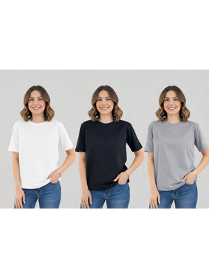 Sibel Günay Butik 3'lü Kadın Bisiklet Yaka %100 Pamuklu Siyah-Beyaz-Gri Basic Günlük Tişört