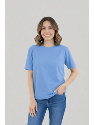 Sibel Günay Butik Kadın Bisiklet Yaka %100 Pamuklu Mavi Basic Günlük Tişört