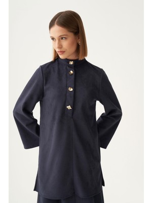 ALLDAY Lacivert-Gold Düğmeli Süet Tunik