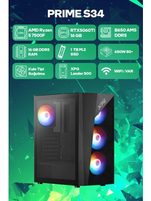 Game Garaj Prime S34 Amd Ryzen 5 7500F 16GB Ram 1tb SSD RTX5060TI 16GB Freedos Oyuncu Oem Paket