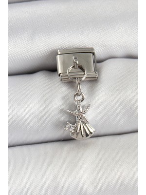 TE Dükkan Buğz 316L Çelik Sallantılı Zirkon Taşlı Deniz Yıldızı ve Istiridye Model Gümüş Renk Nomination Charm