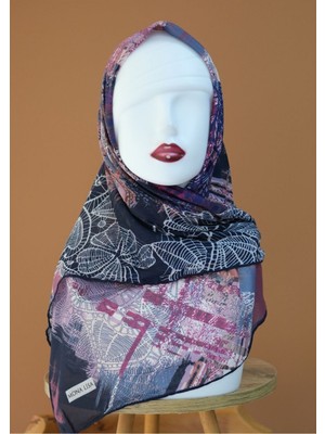 Sinem Monalisa El Dikişli Dijital Bambu Eşarp Lacivert