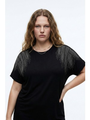 Bambu Bluz Yarasa Kol Taş Detaylı M-6xl