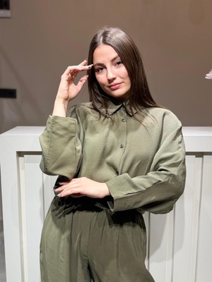 A.T. Kids-Women Kadın Salaş Kesim Düğmeli Gömlek ve Lastik Bel Pantolon Takım