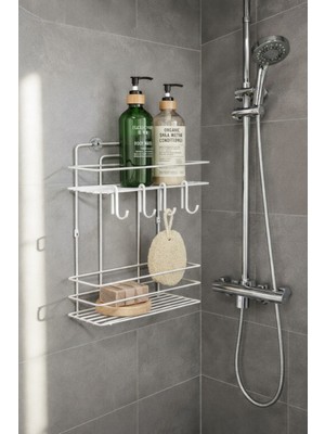Sas Haus Lüks Beyaz Metal 2 Katlı Banyo Rafı Şampuanlık ve Duş Rafı Askılı Yapışkanlı Duvara Monte Tş-02