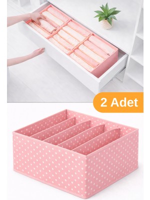 Serstil 2 Adet - 5 Bölmeli Dolap ve Çekmece Içi Düzenleyici Saklama Kutusu Organizer - Pembe Benekli