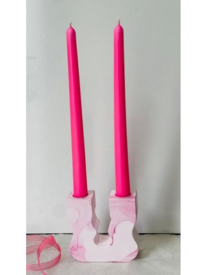 Birmiamu Mermer Desenli Dekoratif Mumluk & 2’li Uzun Pembe Şamdan Mum Seti – El Yapımı
