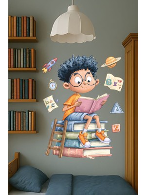 Aysha Tasarım Dekoratif Duvar Sticker – Kitap Okuyan Çocuk Figürlü Eğitici Kız/erkek Çocuk Odası Duvar Süsü