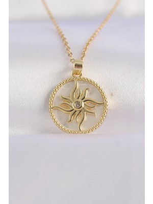 Moresun Buğz 316L Çelik Zincir Altın Renk Zirkon Taşlı Oval Tasarım Güneş Kolye