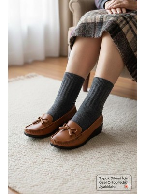 Shoemix Hakiki Deri Kadın Taba Topuk Dikeni Destekli Comfort Dolgu Taban Loafer Ayakkabı