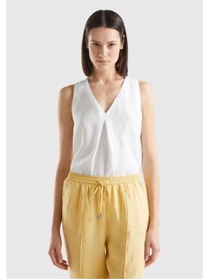 United Colors Of Benetton Beyaz Kadın / Kız KDN_%100 Keten V Yaka Kolsuz Geniş Kesim Bluz Model Kodu: ( 5BMLDQ06WBEYAZ)