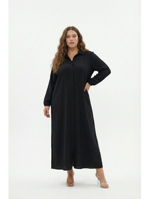Bürümcük Kumaş Gömlek Yaka Boydan Düğmeli Uzun Elbise Tesettüre Uygun