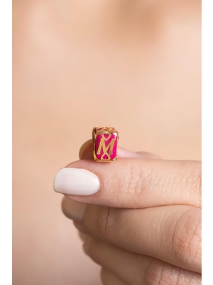 Bayar Gold 14 Ayar Altın Kafesli Pembe Boncuk M Harf Kolye Ucu