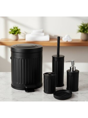 Livona Concept 5’li Banyo Seti Siyah | Çöp Kovası, Tuvalet Fırçası, Sabunluk, Diş Fırçalık, Sıvı Sabunluk