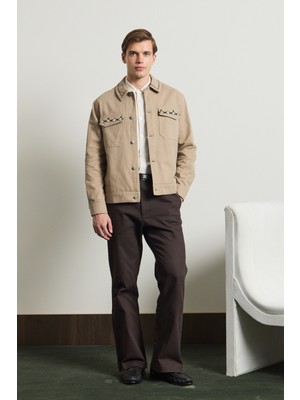 Danger Erkek Nakışlı Denim Ceket Vizon