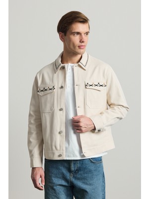 Danger Erkek Nakışlı Denim Ceket Bej